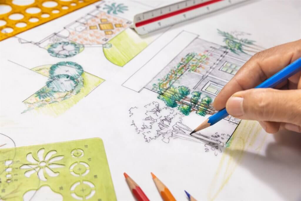 Hand-drawn landscape plan with colored pencils