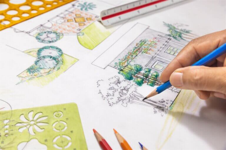 Hand-drawn landscape plan with colored pencils